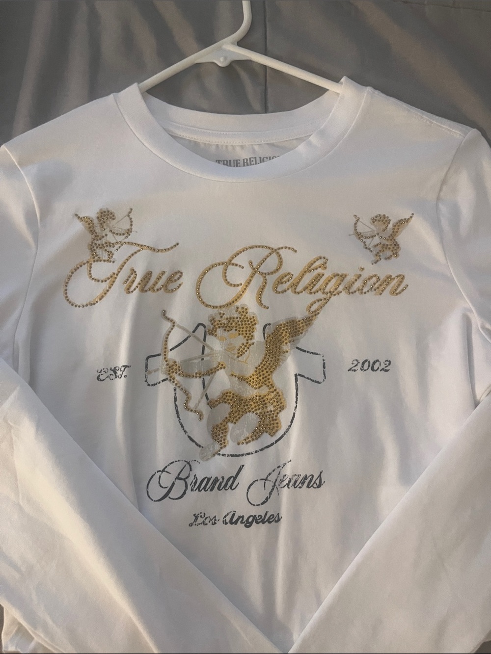 True Religion White Long-Sleeve Tee with Gold Logo Accents